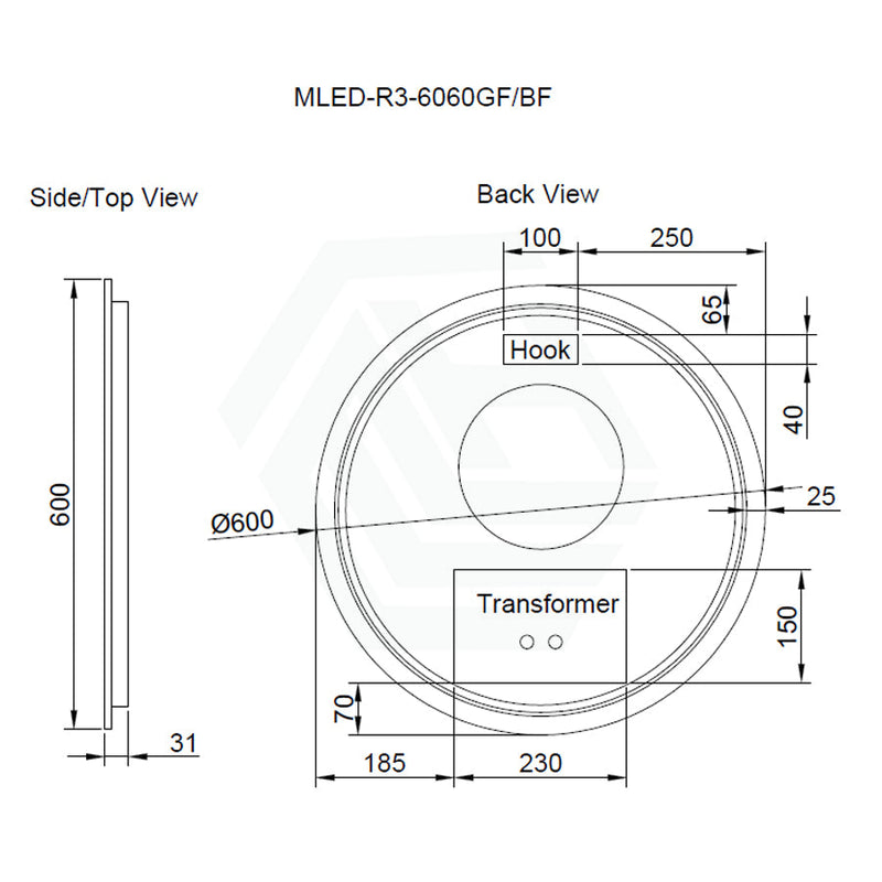 600/800Mm Round Black Framed Led Mirror With Easy Hooks And Dimmer 600X600Mm Mirrors