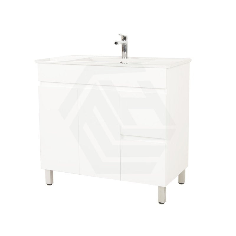 900Mm Narrow Premium Bathroom Vanity Freestanding Left/right Drawers White Pvc Polyurethane Cabinet