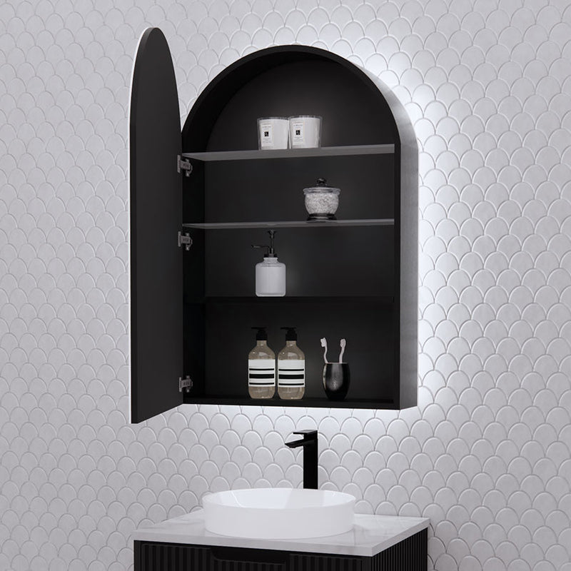 600Mm Arch Led Backlit Pencil Edge Mirror Cabinet Matt Black Shaving Cabinets