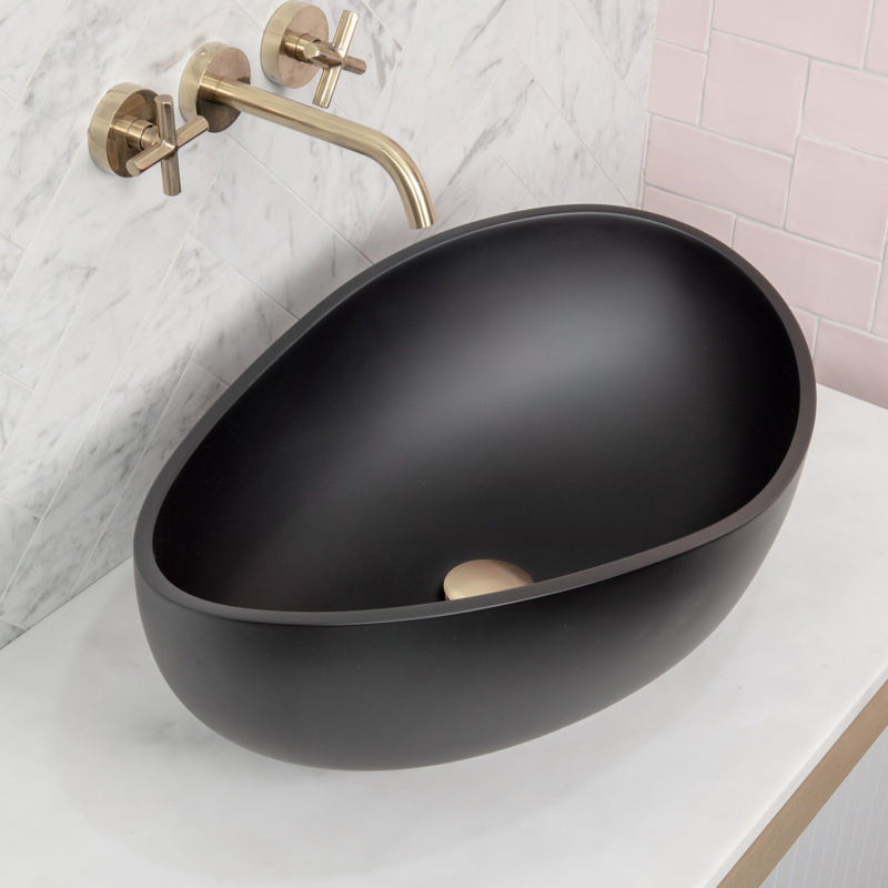 600X370X210Mm Wave Oval Above Counter Matt Black Artificial Stone Basin Basins