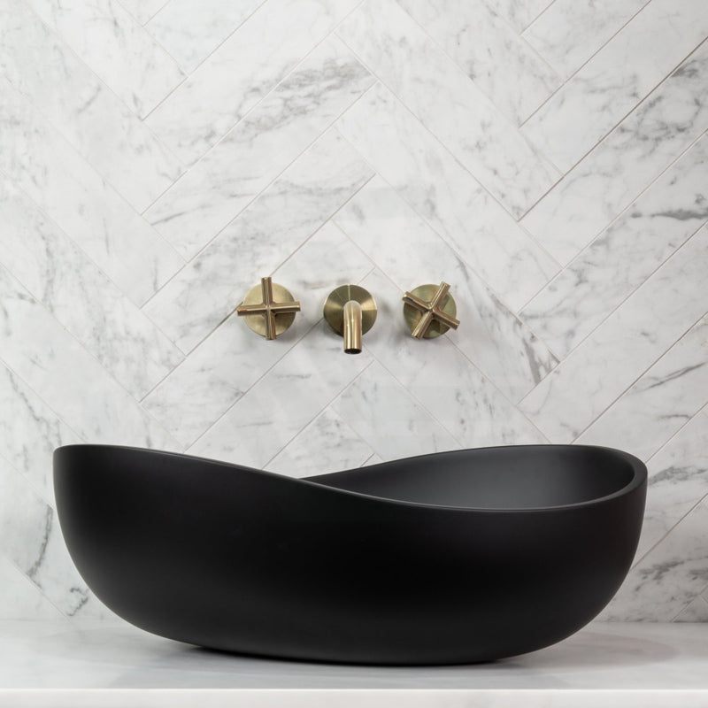 600X370X210Mm Wave Oval Above Counter Matt Black Artificial Stone Basin Basins