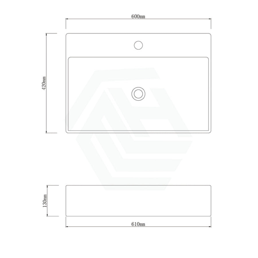 600X420X130Mm Above Counter / Wall Hung Rectangle Gloss White Ceramic Basin One Tap Hole Basins