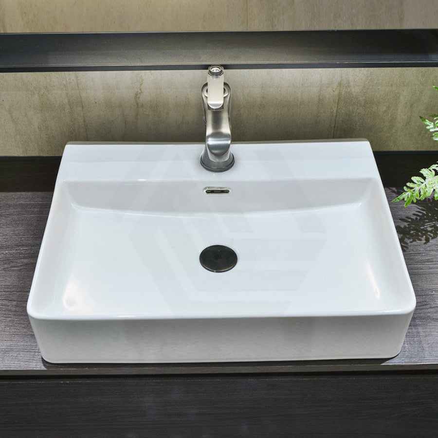 600X420X130Mm Above Counter / Wall Hung Rectangle Gloss White Ceramic Basin One Tap Hole