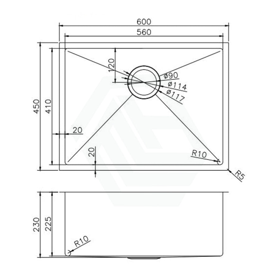 600X450X230Mm 1.2Mm Handmade Top/undermount Single Bowl Kitchen Sink Stainless Steel 304