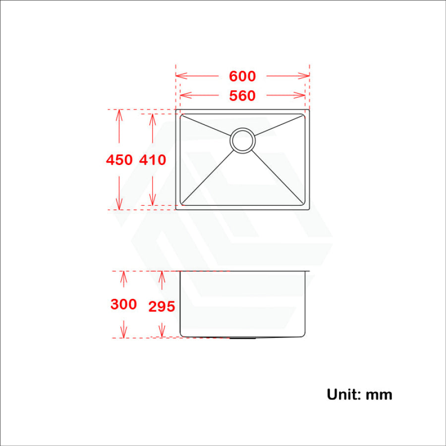 600X450X300Mm 1.2Mm Handmade Top/undermount Single Bowl Kitchen/laundry Sink