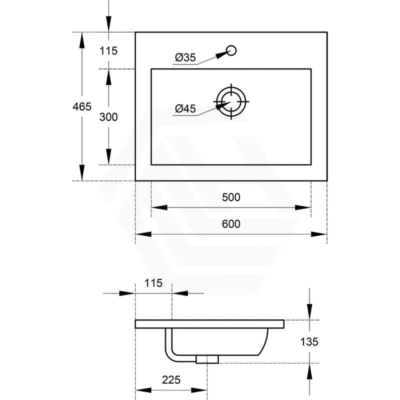 600X460X135Mm Poly Top For Bathroom Vanity Single Bowl Matt White 1 Tap Hole No Overflow Tops