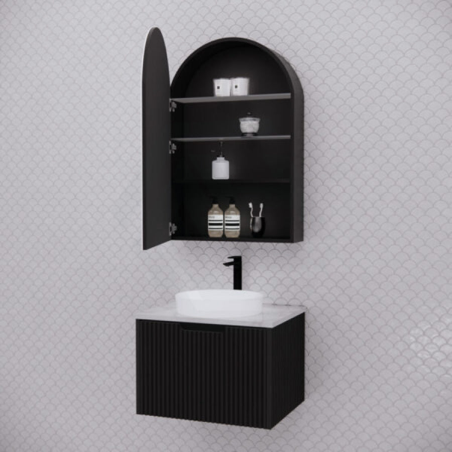 600X870X140Mm Arch Pencil Edge Mirror Wall Hung Shaving Cabinet Matt Black Cabinets