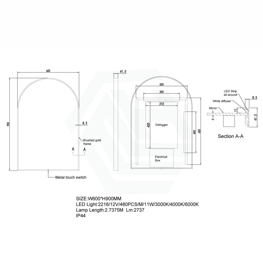 600X900Mm Arch Led Matt Black Framed Mirror Touch Switch Vertical Or Horizontal Mirrors