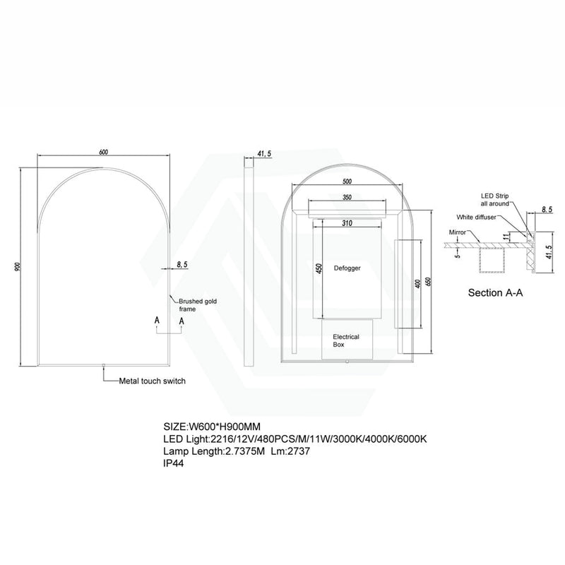 600X900Mm Arch Led Matt Black Framed Mirror Touch Switch Vertical Or Horizontal Mirrors