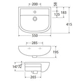 550X415X195Mm Rak Compact Semi-Recessed Ceramic Basin 1 Or 3 Tap Holes Available Hole Semi-Recessed