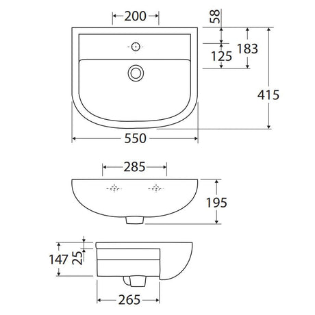 550X415X195Mm Rak Compact Semi-Recessed Ceramic Basin 1 Or 3 Tap Holes Available Hole Semi-Recessed