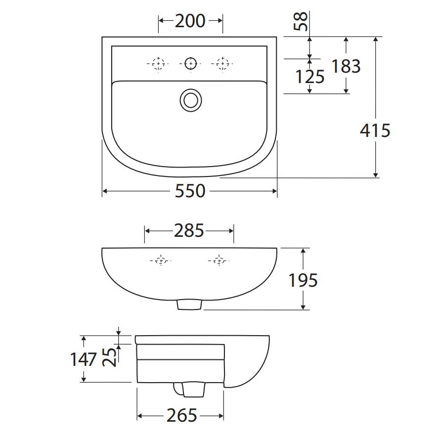 550X415X195Mm Rak Compact Semi-Recessed Ceramic Basin 1 Or 3 Tap Holes Available Semi-Recessed