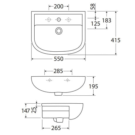 550X415X195Mm Rak Compact Semi-Recessed Ceramic Basin 1 Or 3 Tap Holes Available Semi-Recessed