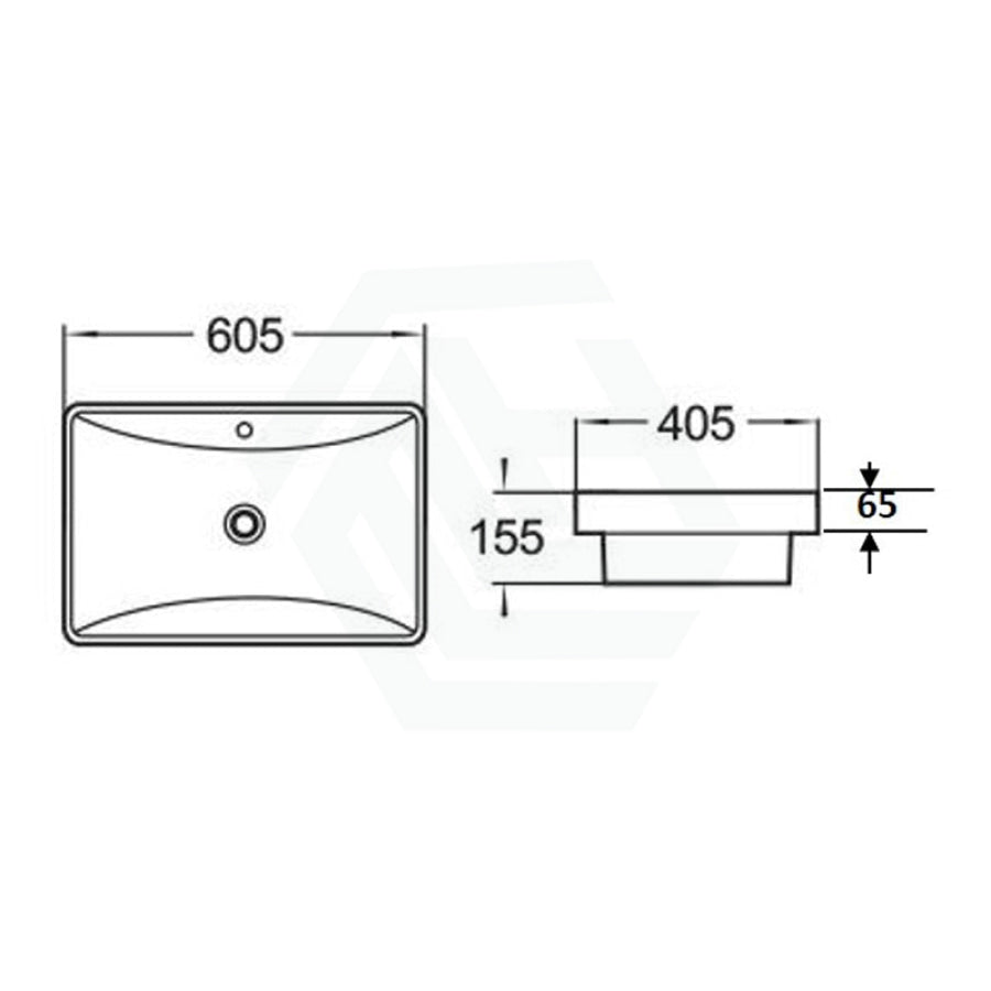 605X405X155Mm Inset Ceramic Basin Gloss White Rectangle Overflow Hole