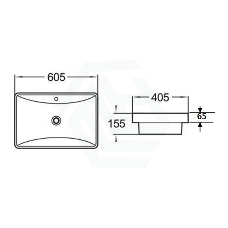 605X405X155Mm Inset Ceramic Basin Gloss White Rectangle Overflow Hole