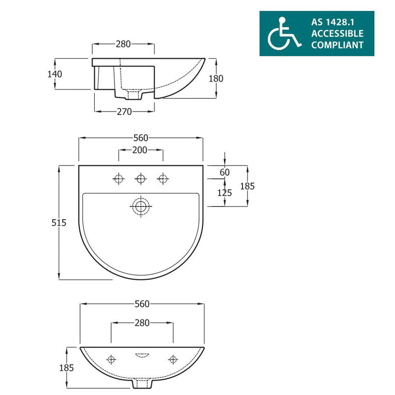 560X515X185Mm Rak Reserva Semi-Recessed Basin 1 Or 3 Tap Holes Available Semi-Recessed Basins