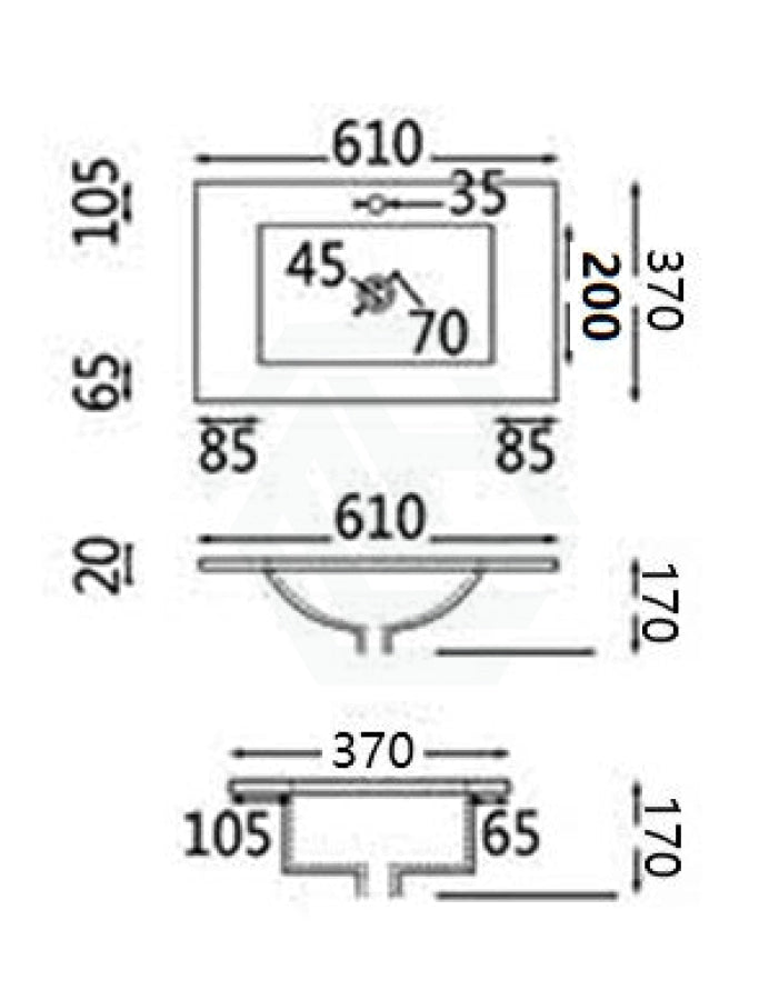 610X370X170Mm Ceramic Top For Bathroom Vanity Single Bowl 1 Tap Hole Overflow Hole Narrow Ceramic