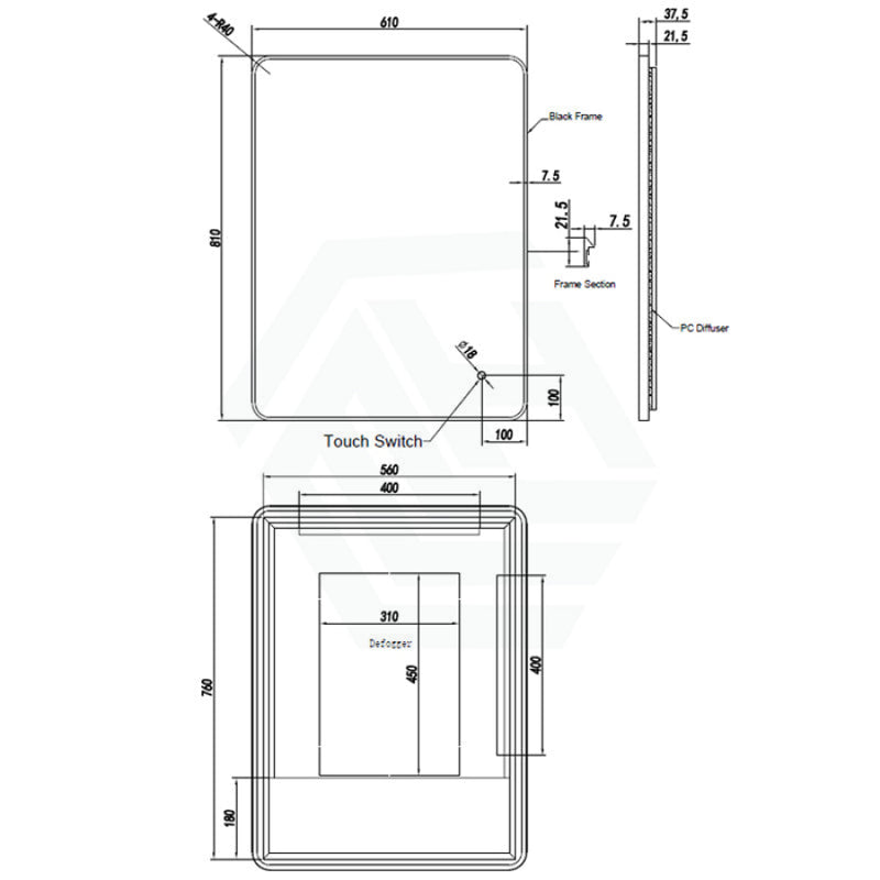 610X810Mm Led Mirror Black Framed Rectangle Backlit Led Mirrors