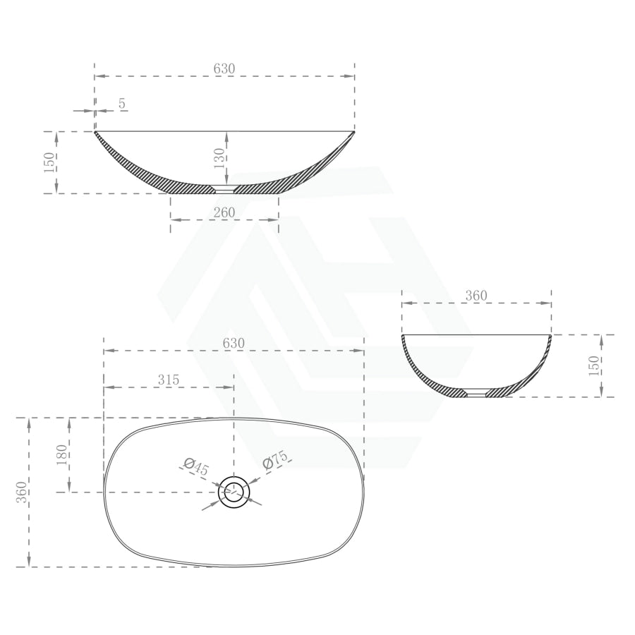 630X360X150Mm Rolo Soft Square Above Counter Matt White Artificial Stone Basin Sqaure Basins