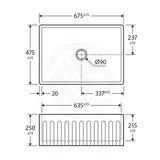 675x475x250mm Charlton Gloss White Ceramic Fluted Single Bowl Kitchen Butler Laundry Sink