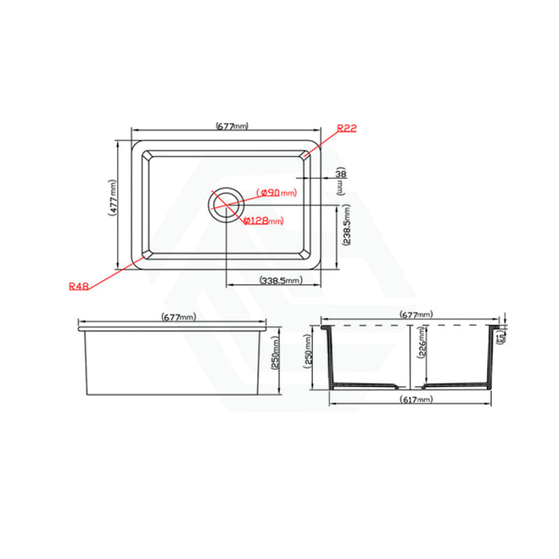 677X477X250Mm Gloss White Camden Fireclay Kitchen/Laundry Sink Single Bowl Top/Under Mount Kitchen