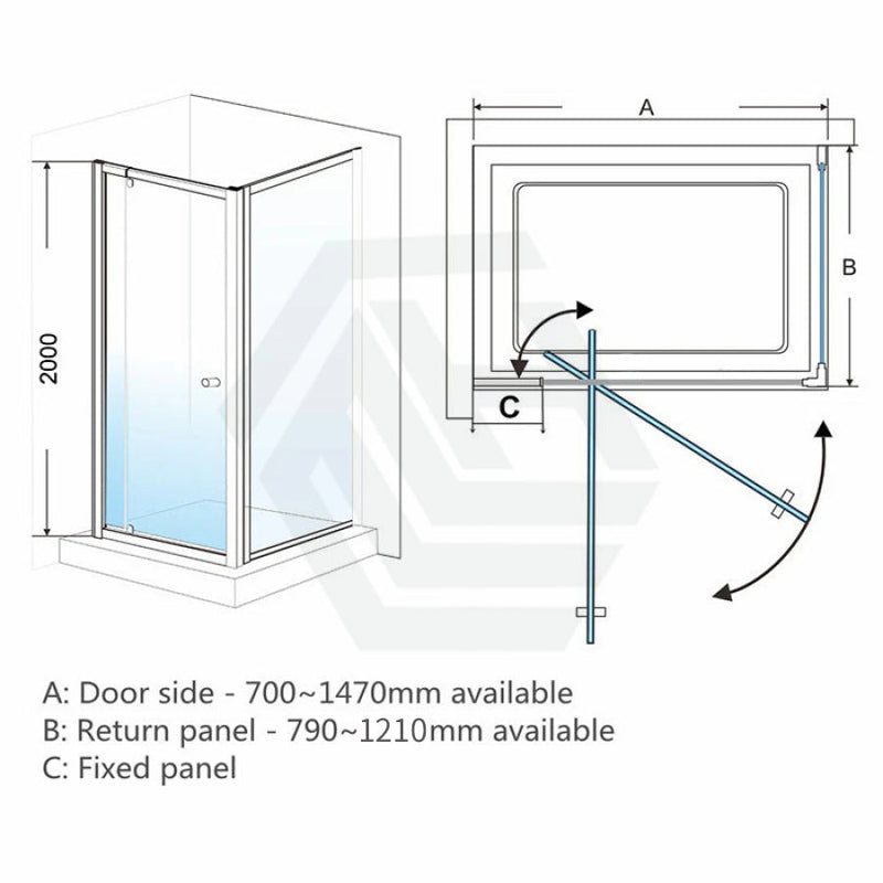 700-1470X2000Mm Semi-Frameless L Shape Shower Screen Pivot Door With Return Panel Black Fittings