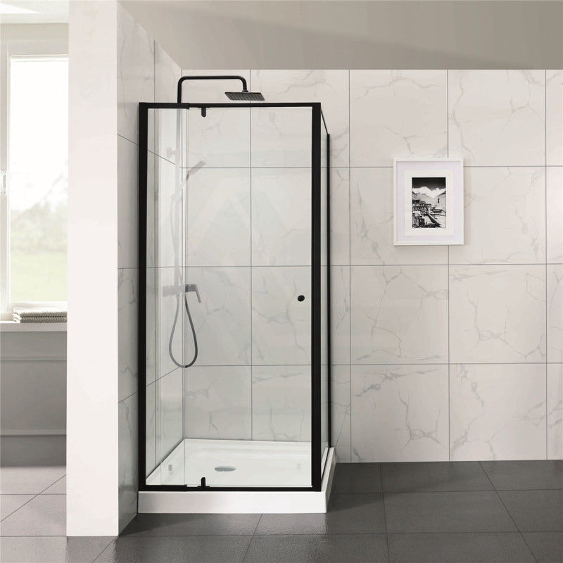 700-1470X1900Mm Semi-Frameless L Shape Shower Screen Pivot Door With Return Panel Black Fittings