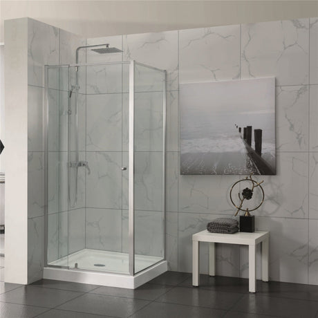 700-1470X1900Mm Semi-Frameless L Shape Shower Screen Pivot Door With Return Panel Chrome Fittings