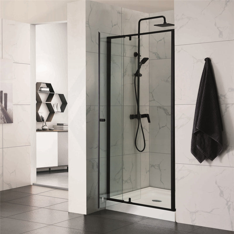 700-1470X1900Mm Semi-Frameless Shower Screen Pivot Door Wall To Matt Black Fittings 6Mm Glass