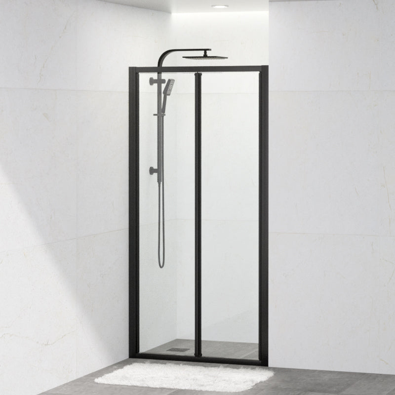 700-820X2000Mm Wall To Semi-Frameless Bi-Fold Swing Door Shower Screen Matt Black Rail 6Mm Glass