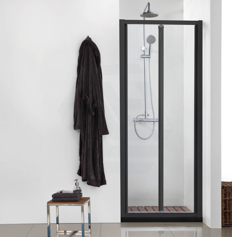 700-820X2000Mm Wall To Semi-Frameless Bi-Fold Swing Door Shower Screen Matt Black Rail 6Mm Glass