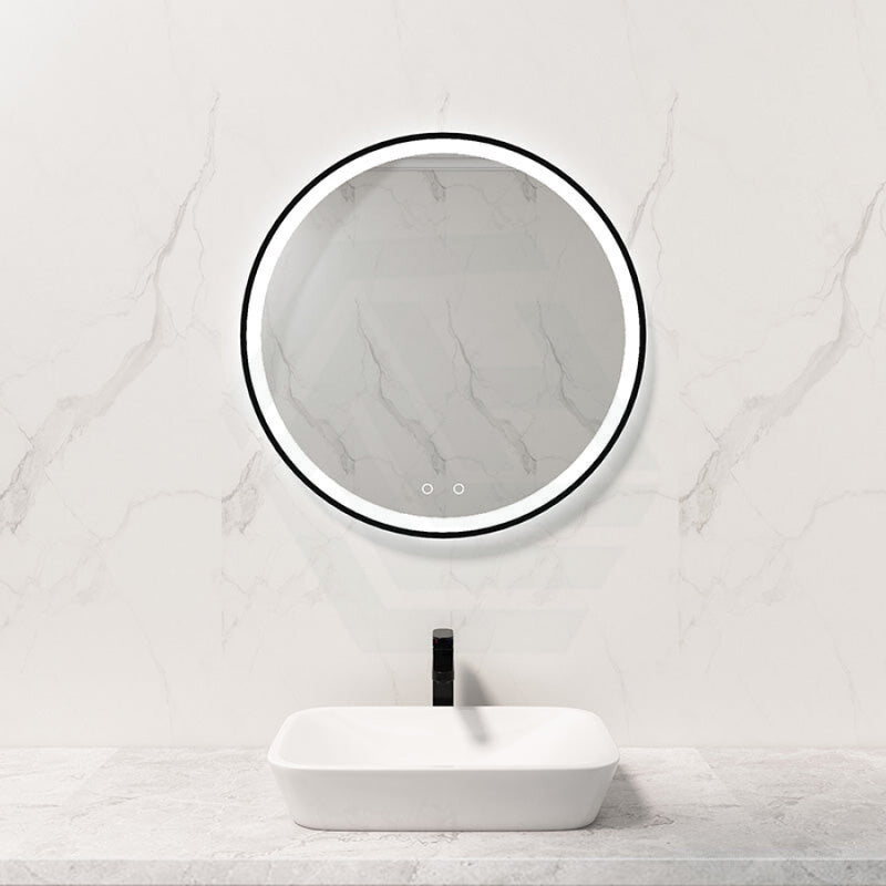 Led Mirror Round Black Framed Demister