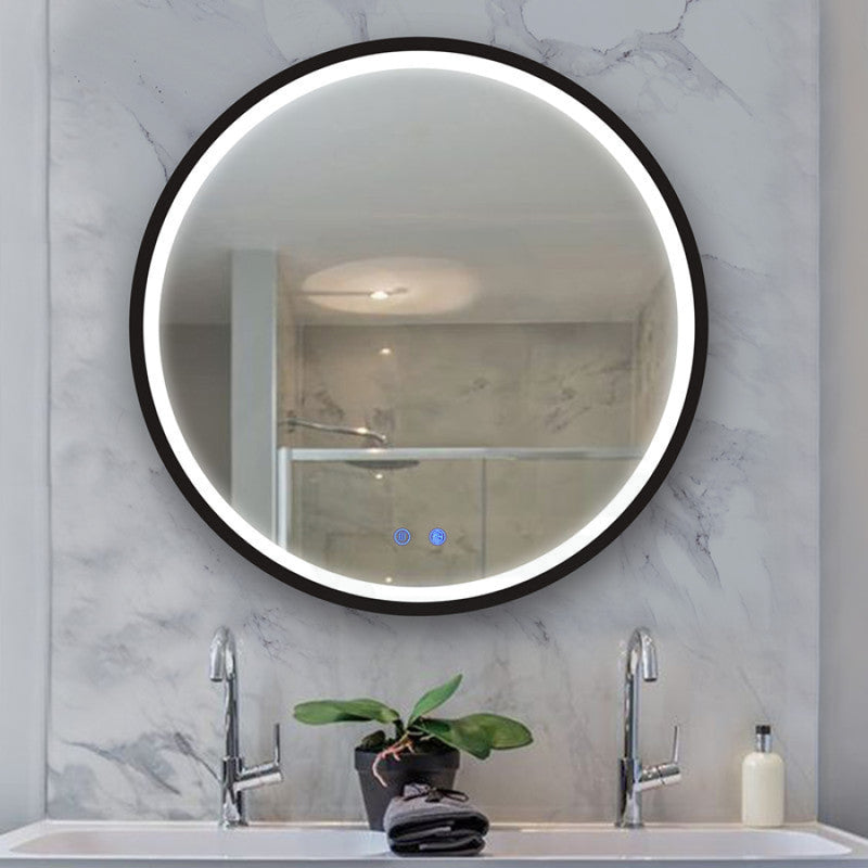 700/900Mm Led Mirror Round Black Framed Demister