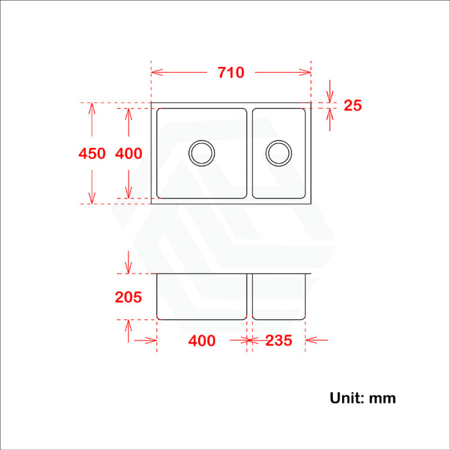 710X450X205Mm 1.2Mm Handmade Round Corners Double Bowls Top / Undermount Flush Mount Kitchen Sink