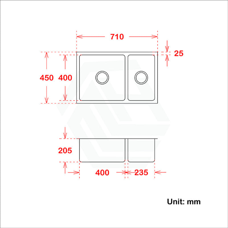 710X450X205Mm 1.2Mm Handmade Round Corners Double Bowls Top / Undermount Flush Mount Kitchen Sink