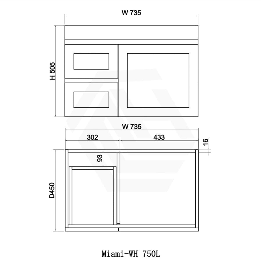 600-1500Mm Miami Wall Hung Bathroom Floating Vanity With Left / Right Drawers Matt White Shaker