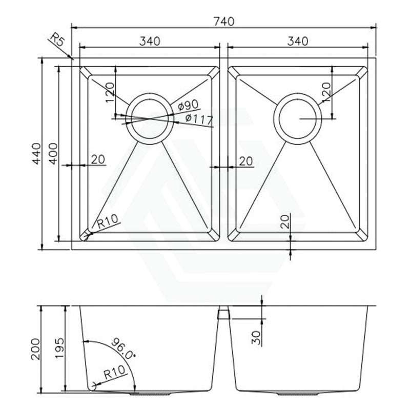 740X440X200Mm 1.2Mm Handmade Double Bowls Top/undermount Kitchen/laundry Sink