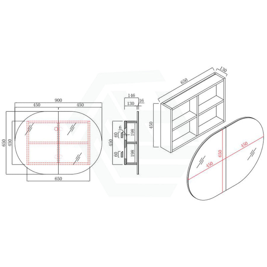 900/1200/1500mm ROSY Oval Wall Hung Plywood Shaving Cabinet Semi Matt White Pencil Edge Mirror for Bathroom