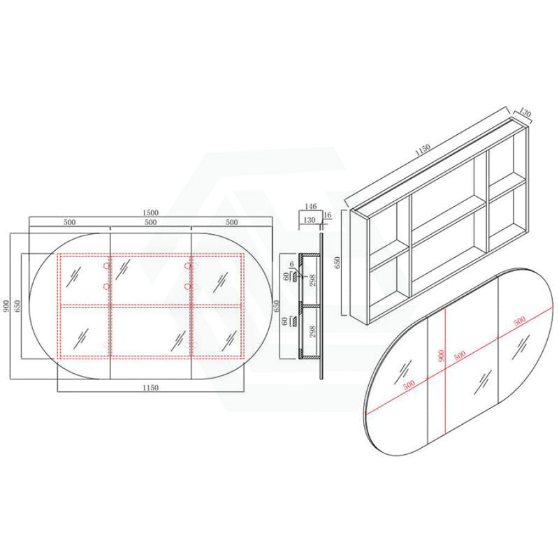 900/1200/1500mm ROSY Oval Wall Hung Plywood Shaving Cabinet Semi Matt White Pencil Edge Mirror for Bathroom