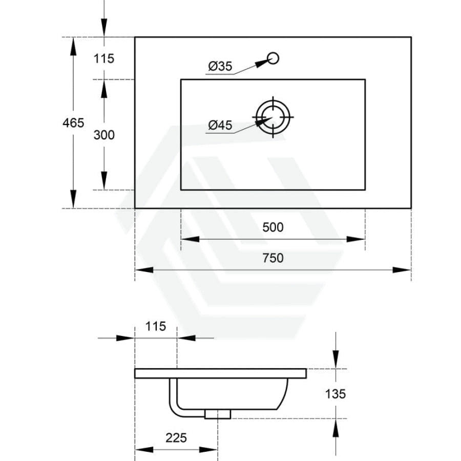 750X460X135Mm Poly Top For Bathroom Vanity Single Bowl Matt White 1 Tap Hole No Overflow Tops