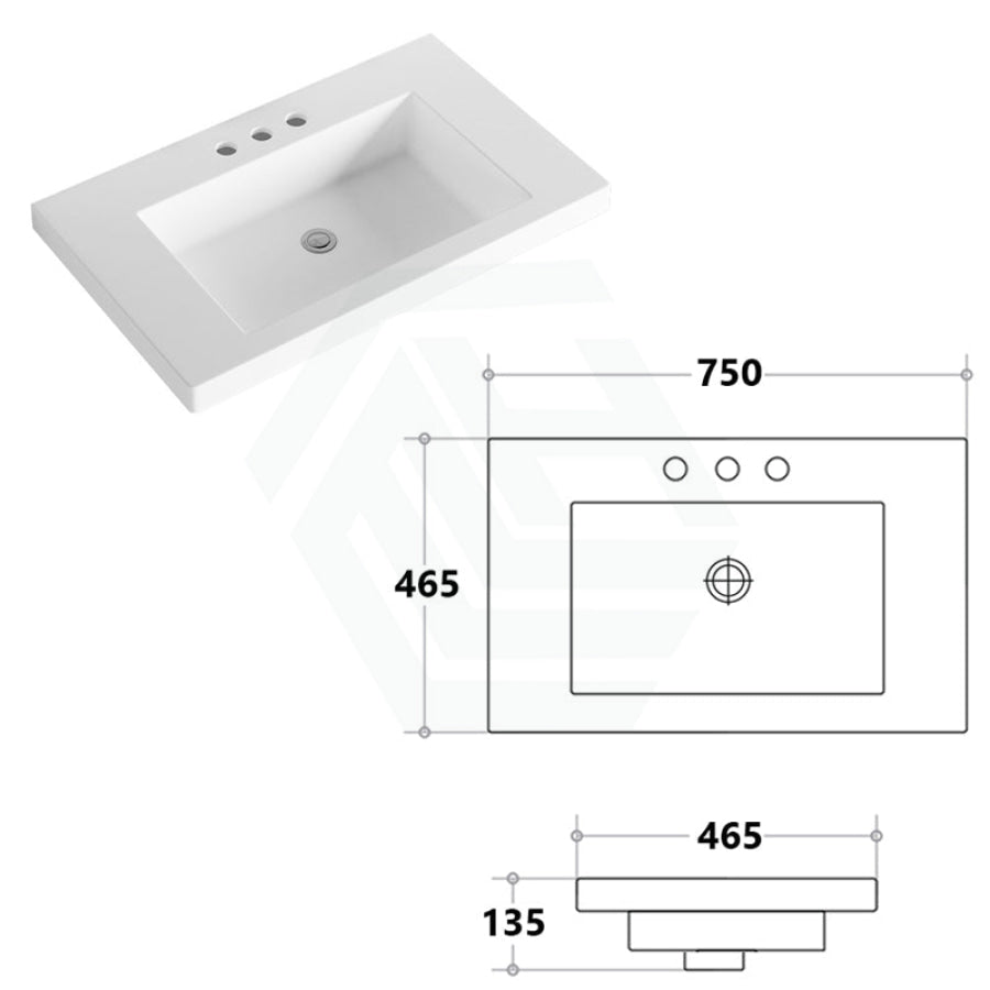 750X465X135Mm Poly Top For Bathroom Vanity Single Bowl 1 Or 3 Tap Holes Available No Overflow Hole