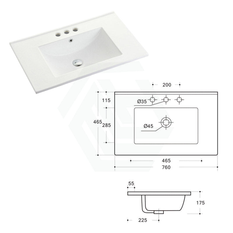 760X465X175Mm Ceramic Top For Bathroom Vanity Single Bowl 1 Or 3 Tap Holes Available Gloss White