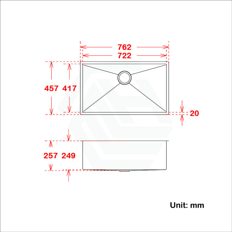 762X457X254Mm 1.2Mm Handmade Single Bowl Top/undermount Kitchen/laundry Sink