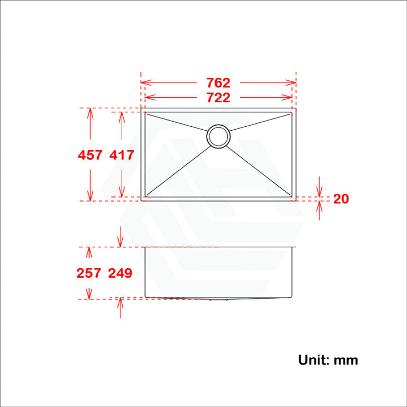 762X457X254Mm 1.2Mm Handmade Single Bowl Top/undermount Kitchen/laundry Sink