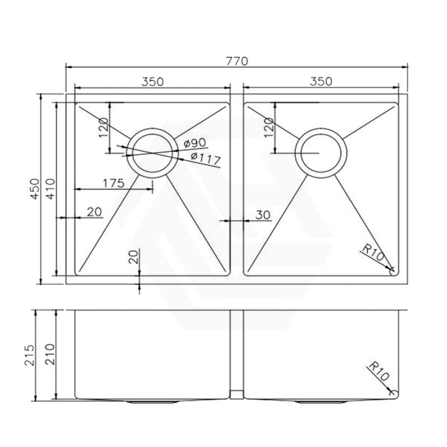 770X450X215Mm Rose Gold Pvd 1.2Mm Handmade Top/undermount Double Bowls Kitchen Sink