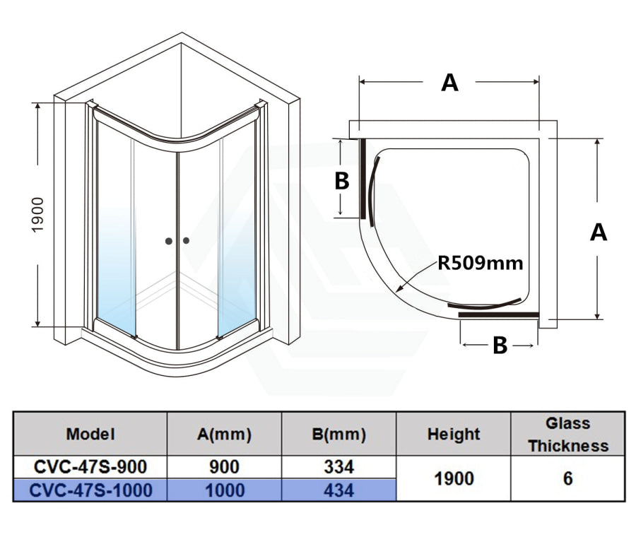 790/900/1000Mm Curved Shower Screen Semi-Frameless Double Sliding Chrome Fittings 6Mm Tempered Glass