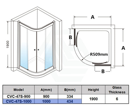 790/900/1000Mm Curved Shower Screen Semi-Frameless Double Sliding Chrome Fittings 6Mm Tempered Glass