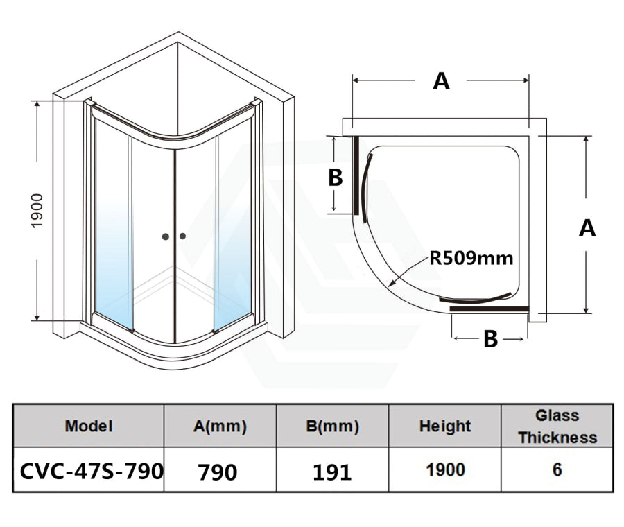 790/900/1000Mm Curved Shower Screen Semi-Frameless Double Sliding Chrome Fittings 6Mm Tempered Glass