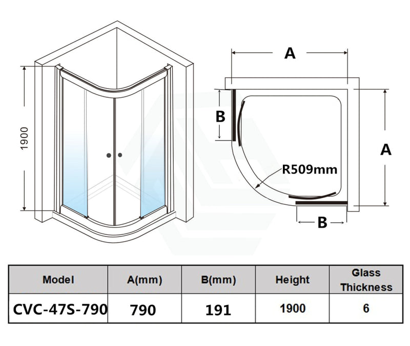 790/900/1000Mm Curved Shower Screen Semi-Frameless Double Sliding Chrome Fittings 6Mm Tempered Glass