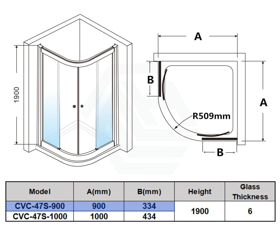 790/900/1000Mm Curved Shower Screen Semi-Frameless Double Sliding Chrome Fittings 6Mm Tempered Glass